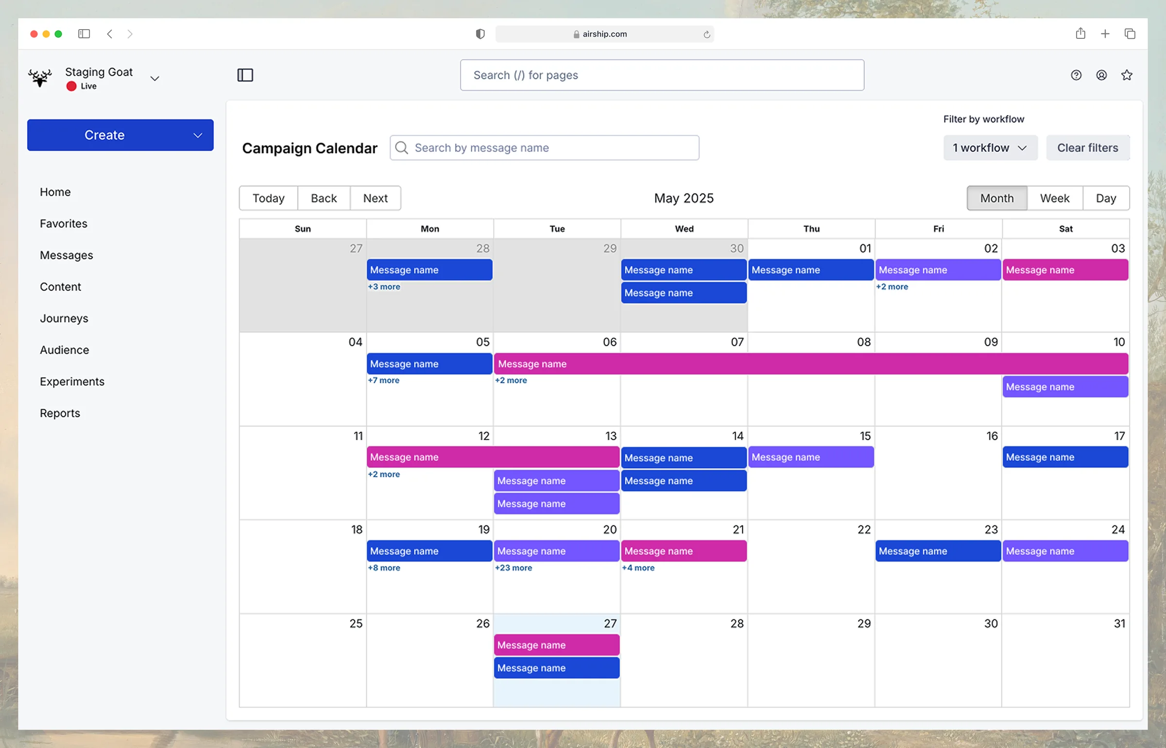 Airship campaign calendar, a month view with colour-coded messages across workflows