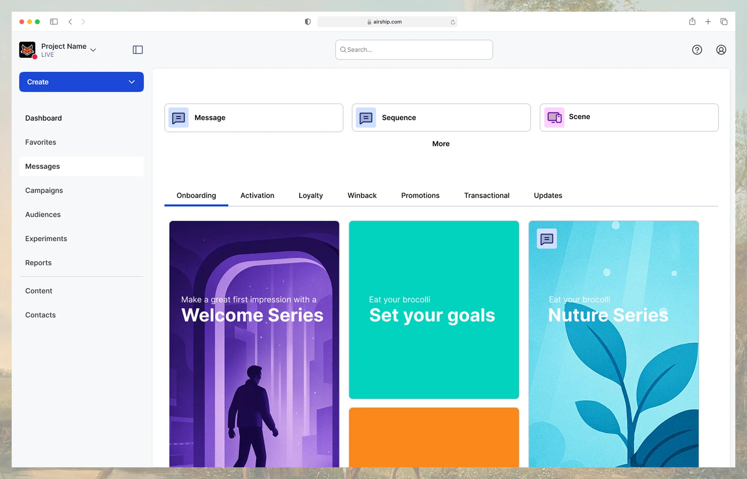 Airship message creation, with Message, Sequence, and Scene entry points and a template gallery organised by lifecycle stage