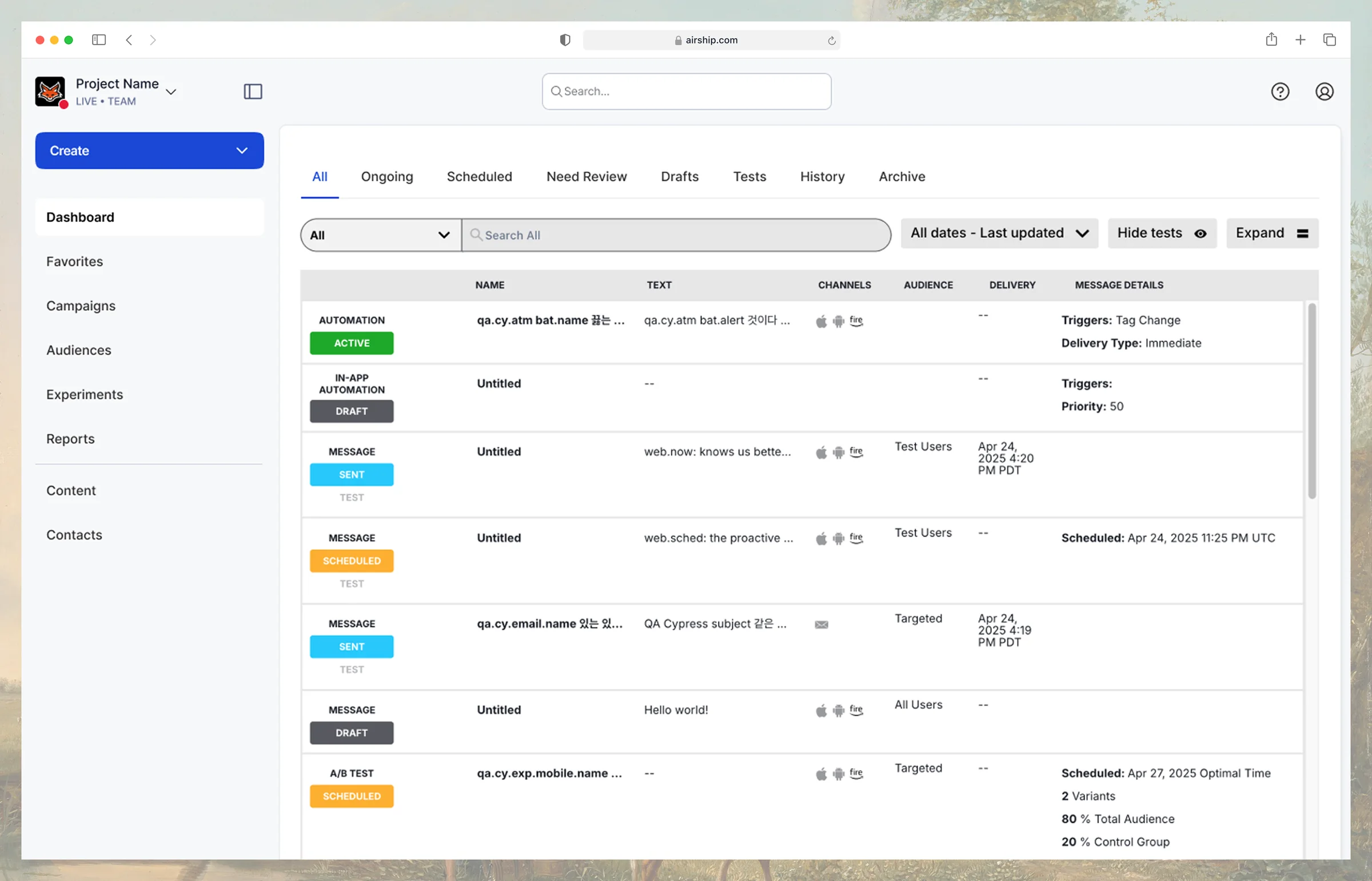 Airship messages dashboard, a dense table of automations, messages, and A/B tests with status, channels, and delivery