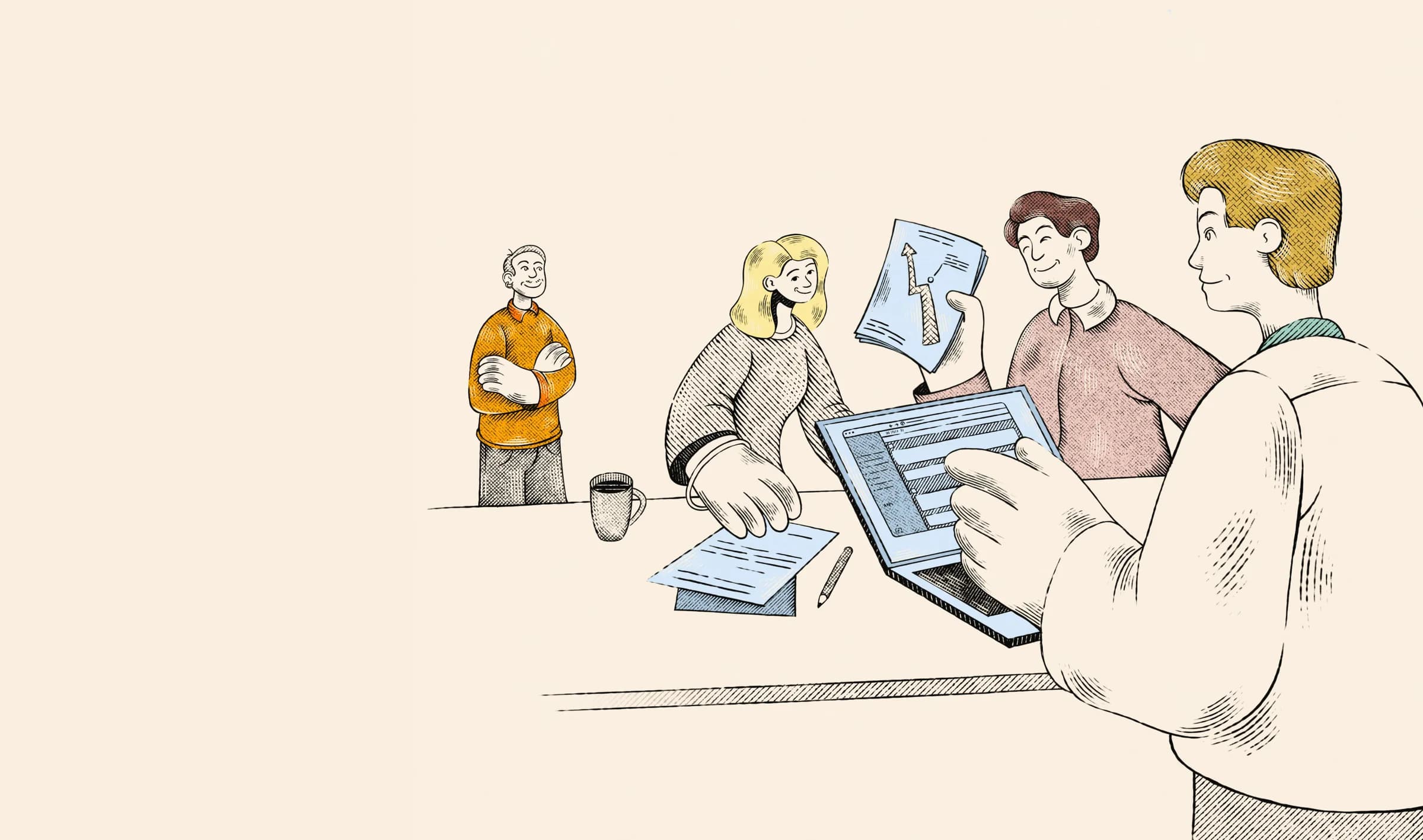 Hand-drawn illustration of a design team reviewing work and metrics together