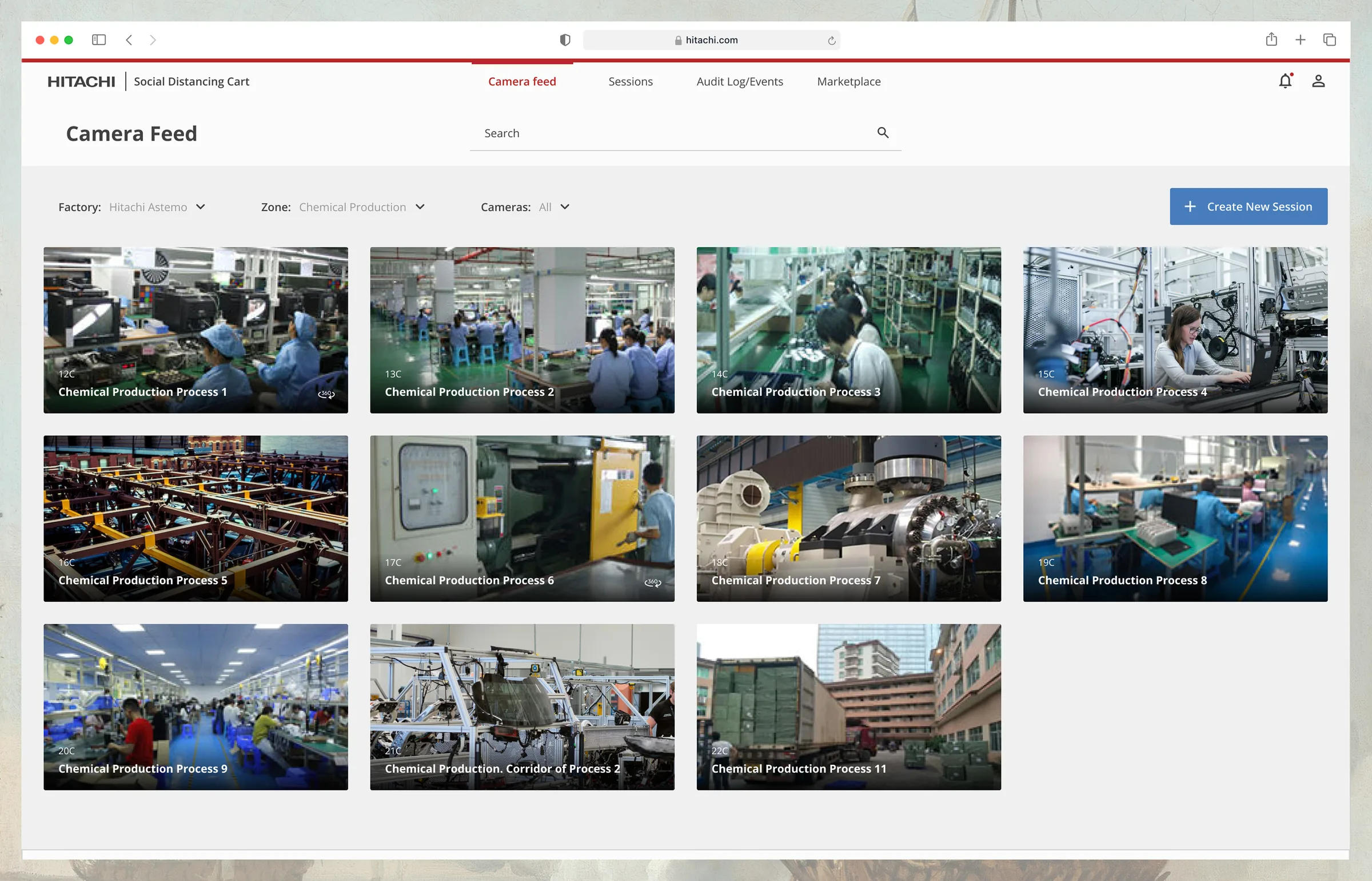 Hitachi camera feed grid with labelled camera tiles across a chemical-production zone and factory/zone/camera filters