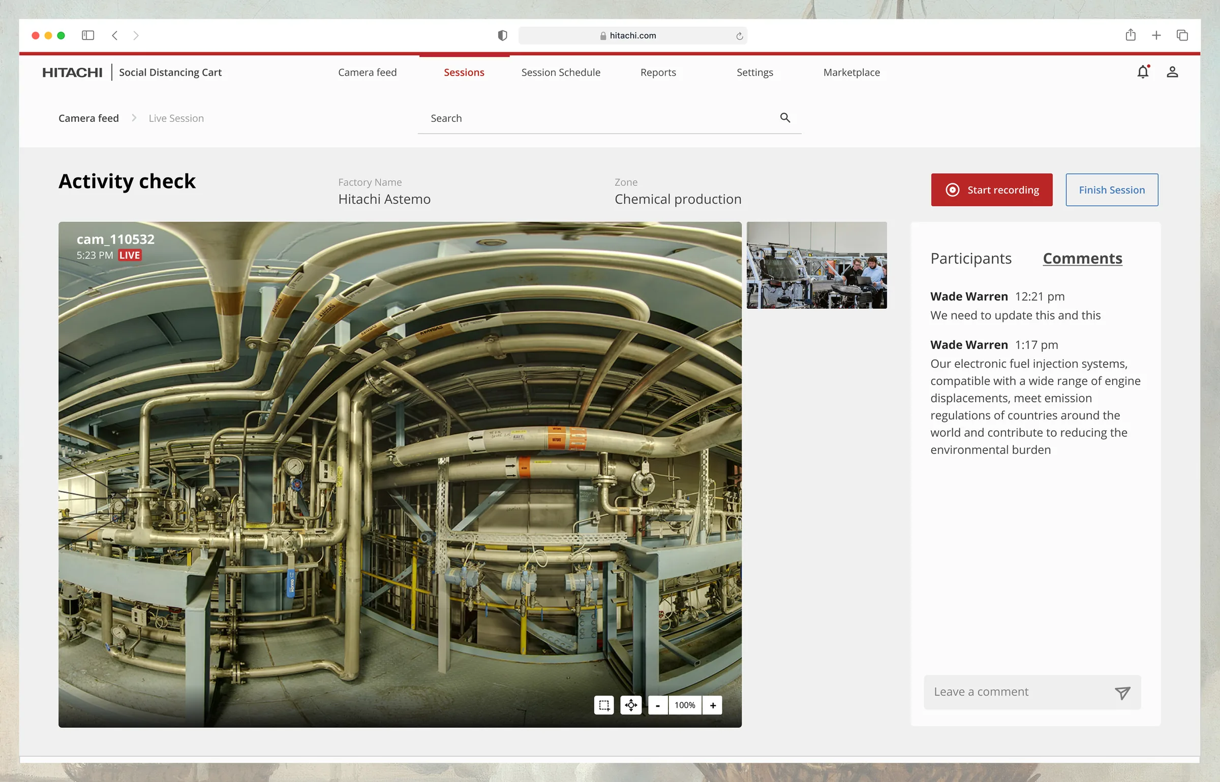 Hitachi live session showing a 360 camera view of a chemical-production floor with participants and a comment thread