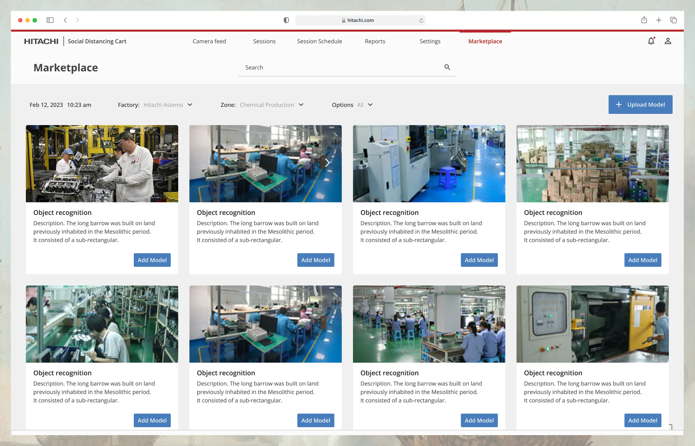 Hitachi marketplace showing cards of computer-vision models (object recognition) that can be added to a factory
