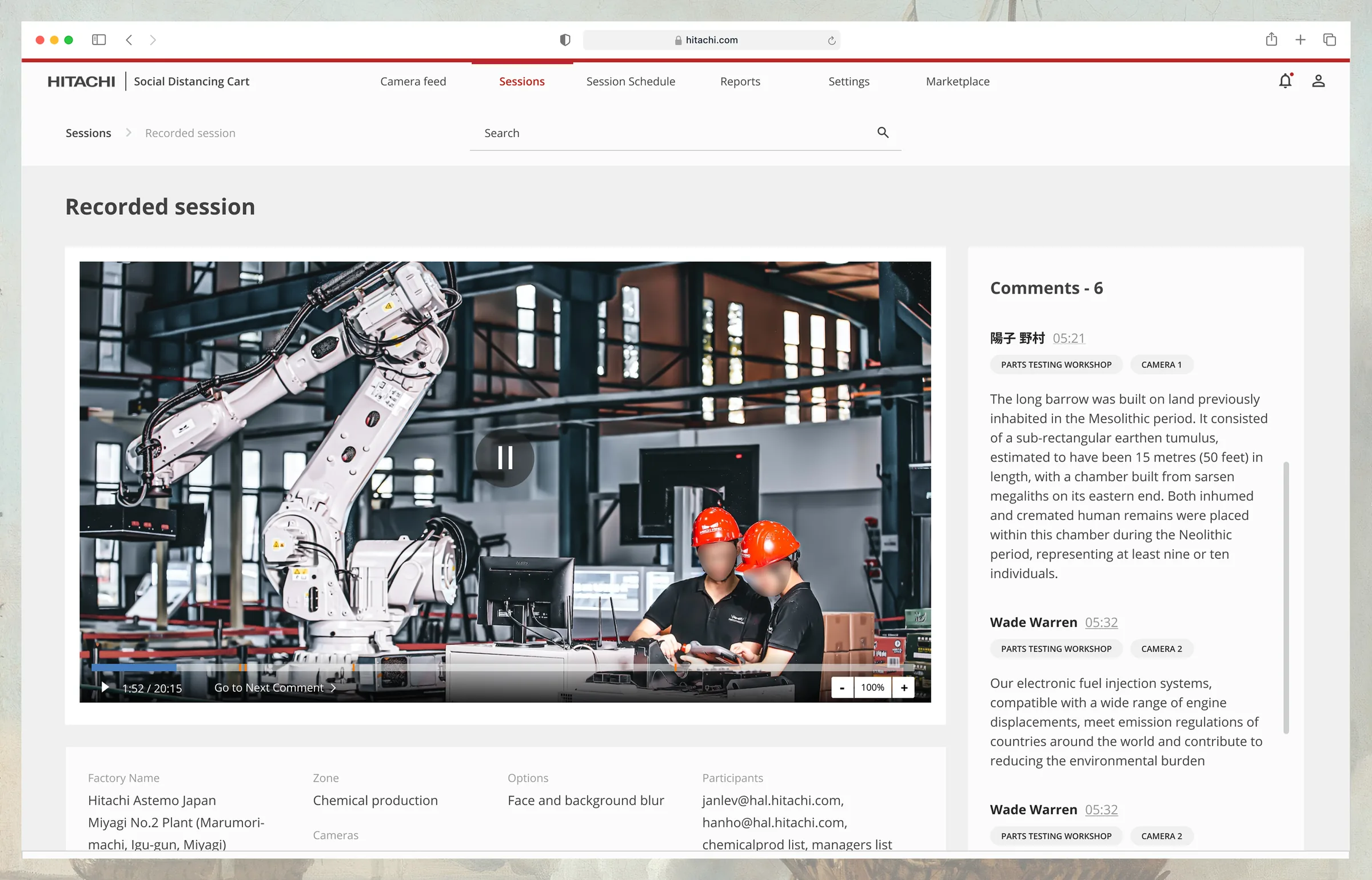 Hitachi recorded session showing a video review with face/background blur, session metadata, and threaded comments