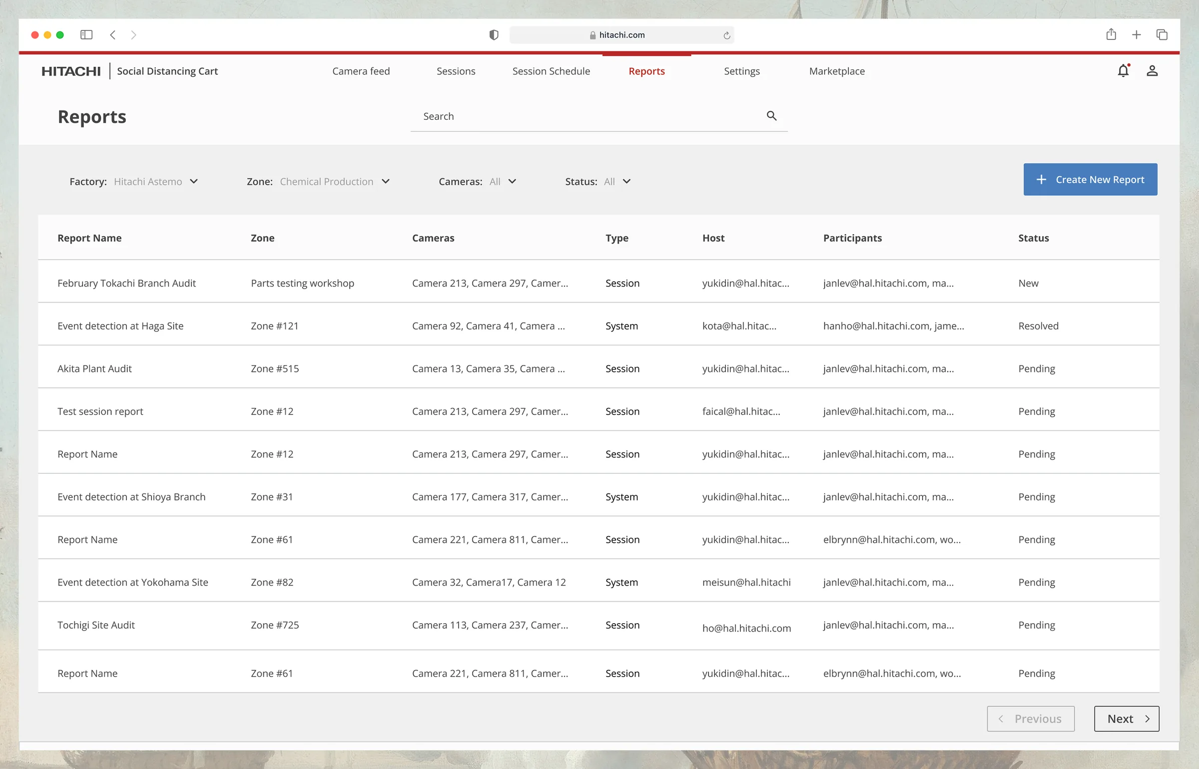 Hitachi reports showing a filterable table of session and system audits with zone, cameras, host, participants, and status