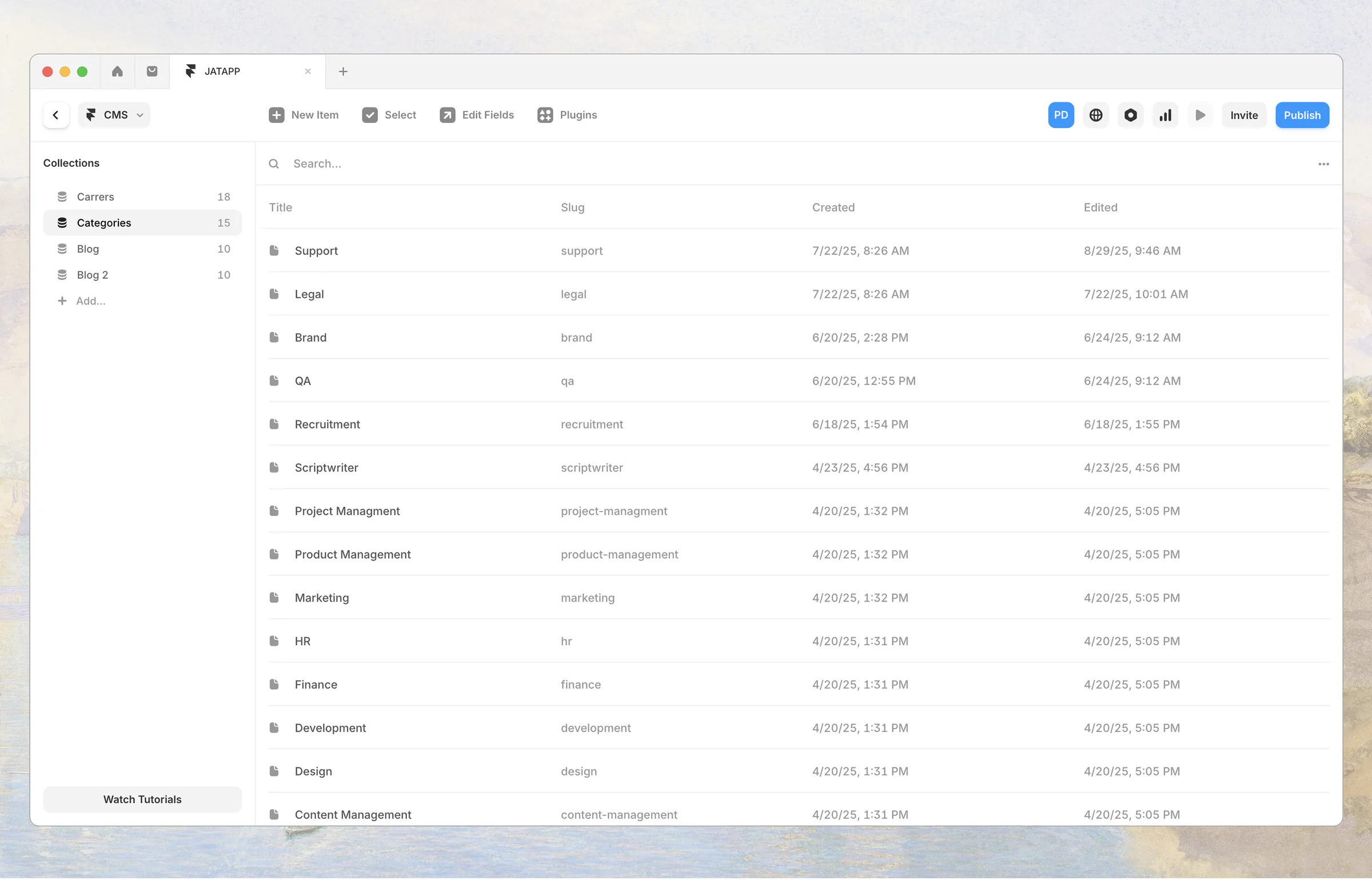 Framer CMS careers, categories, and blog collections powering jatapp.com