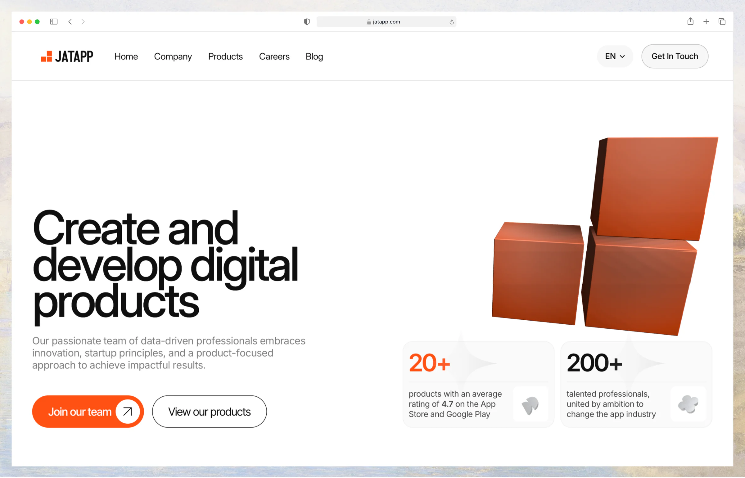 jatapp.com homepage with the new brand hero, the 3D logo blocks, and key numbers
