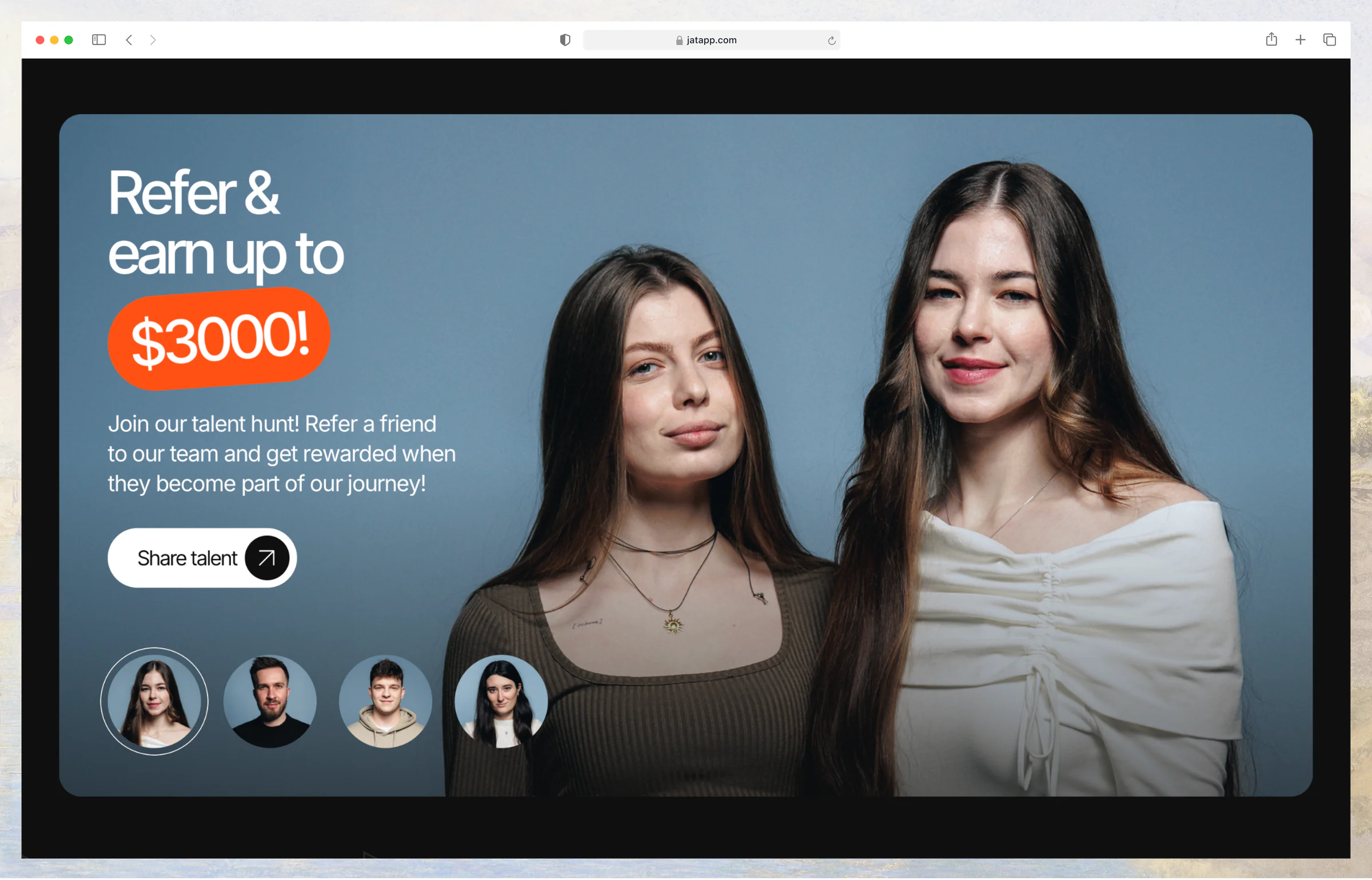 jatapp.com careers Refer & earn section, the same brand rules applied to a recruiting page