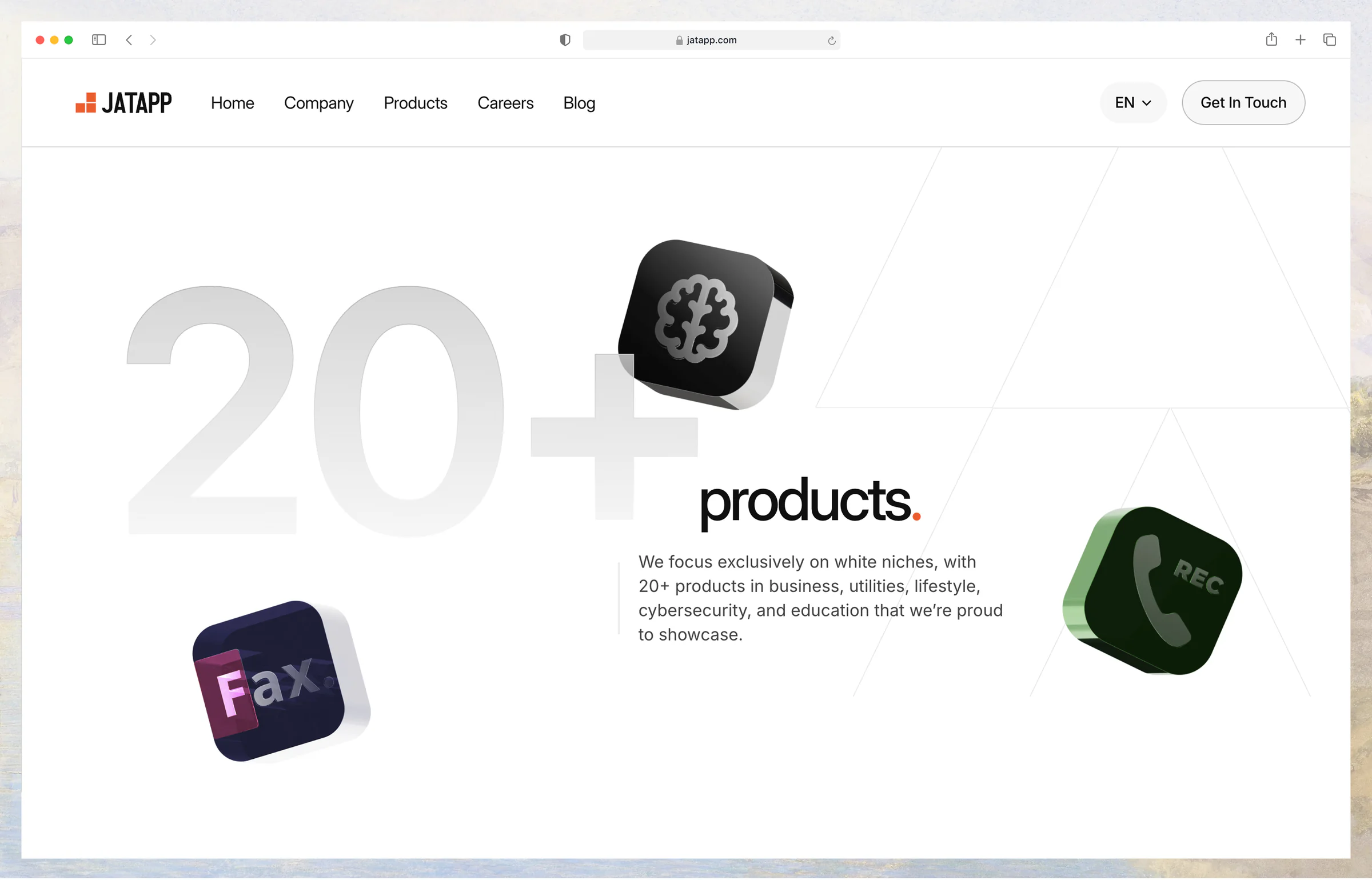 jatapp.com products section with the 20+ products headline and floating 3D app icons on the shared grid