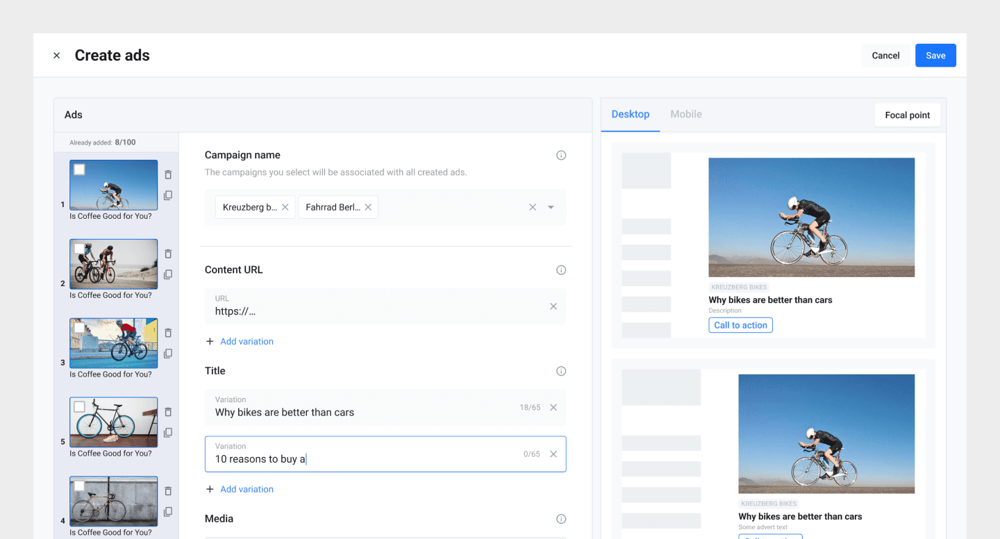 Create ads, the new variative flow with auto-generated text and image pairings, desktop and mobile previews, and focal-point control