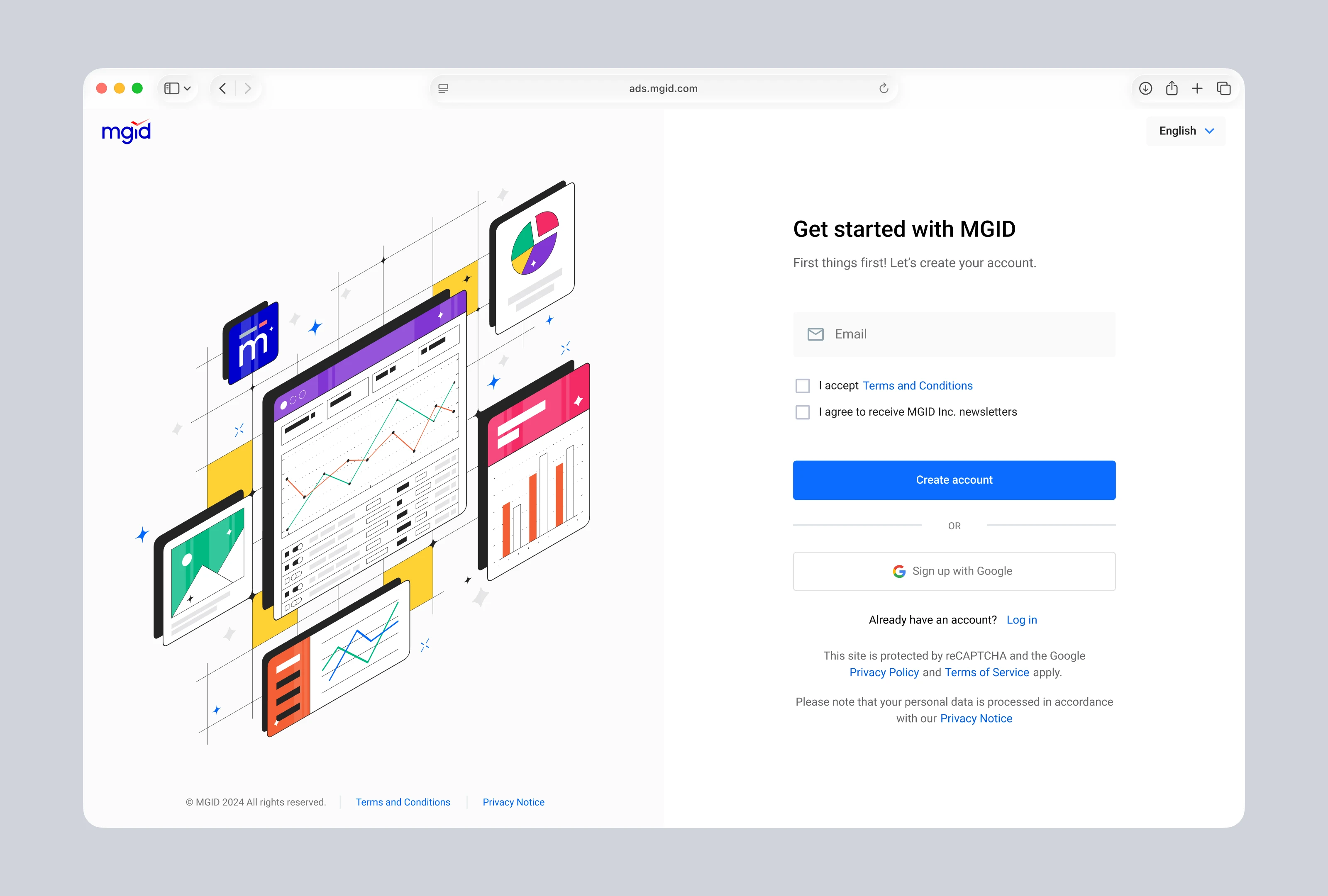MGID get-started screen for the affiliate signup flow