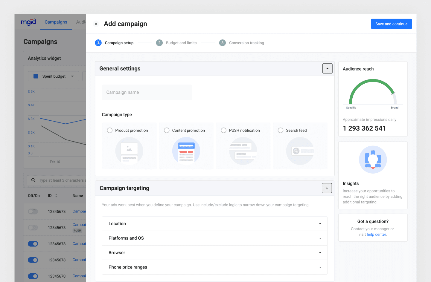 Add campaign, a three-step flow with progress tracking, simplified targeting, and a live audience reach panel