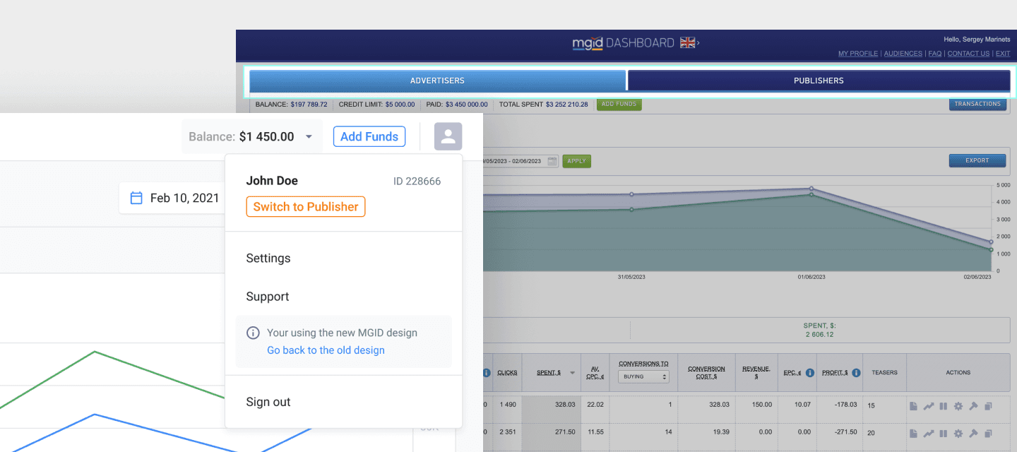 Campaign performance with the Advertiser / Publisher switch moved from the top tabs to the user profile dropdown