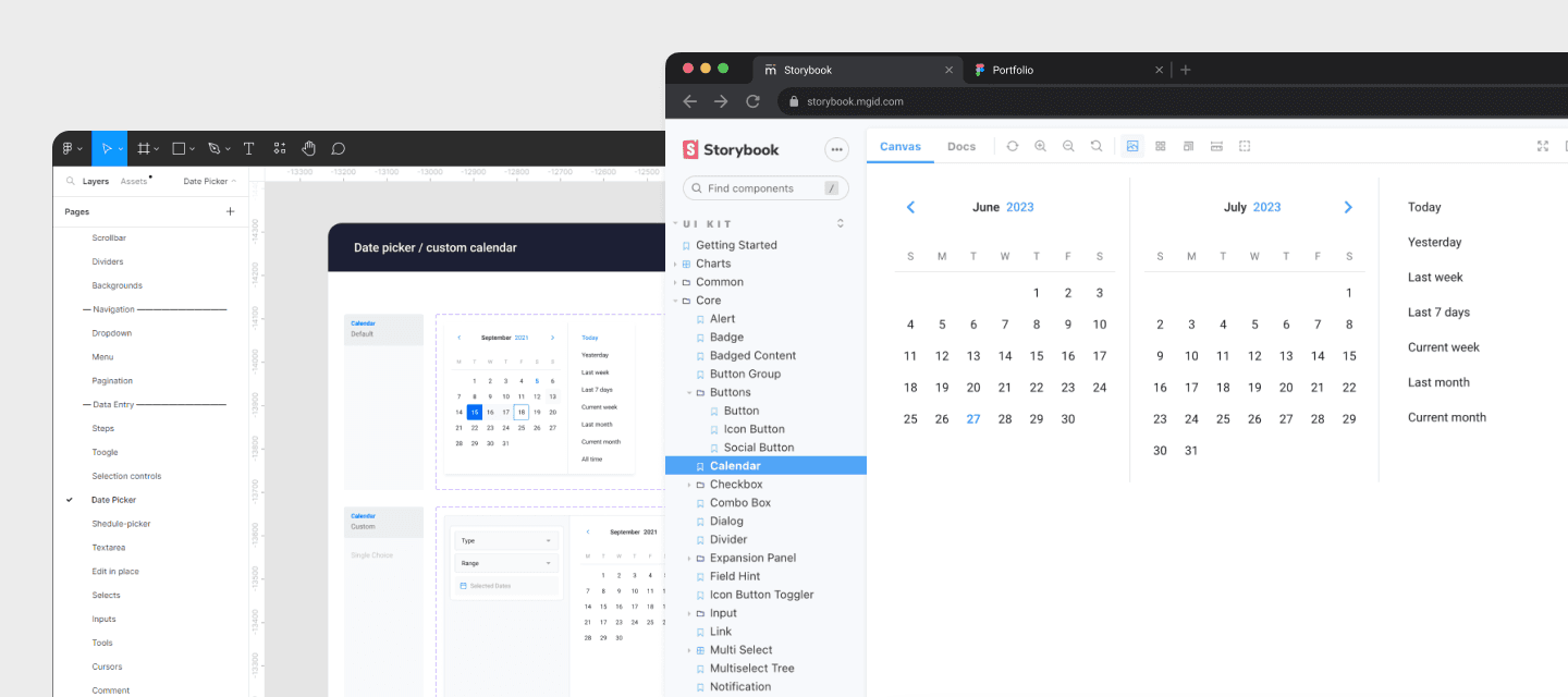 Design system in Figma and Storybook, a component library covering navigation, data entry, and pickers
