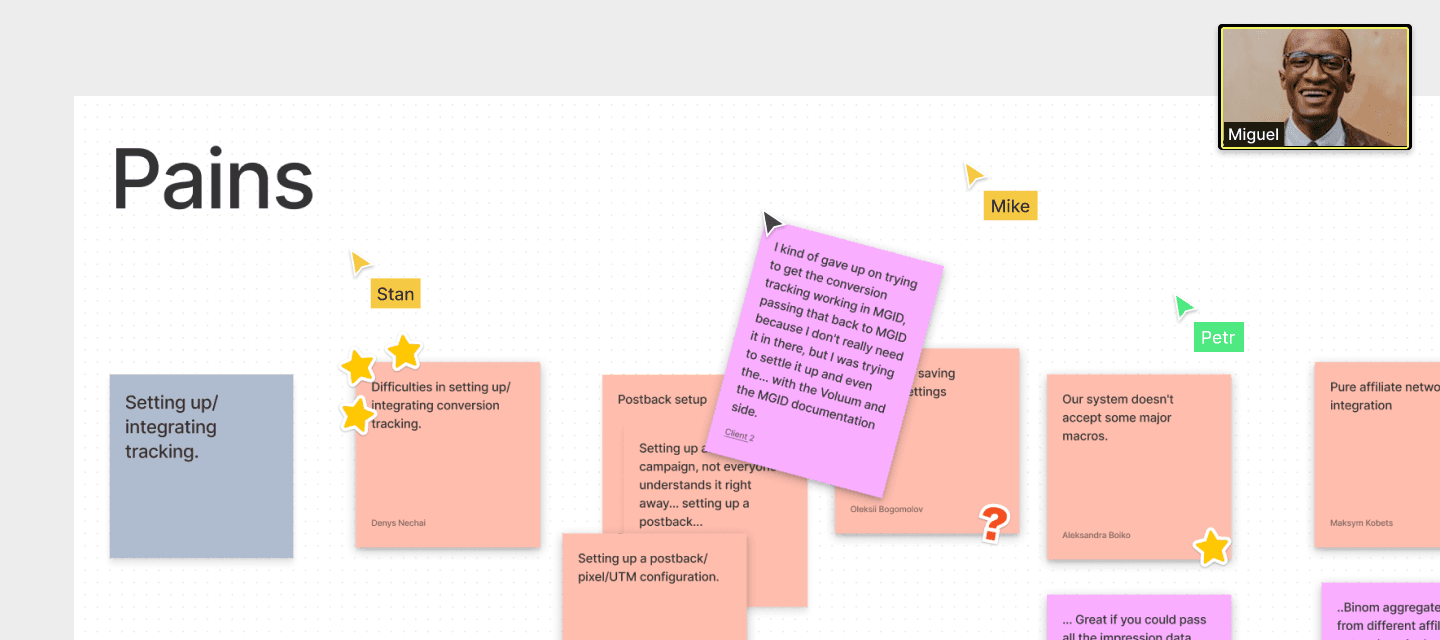 Pains workshop board with sticky notes from a cross-functional session with affiliates, media buyers, and brands