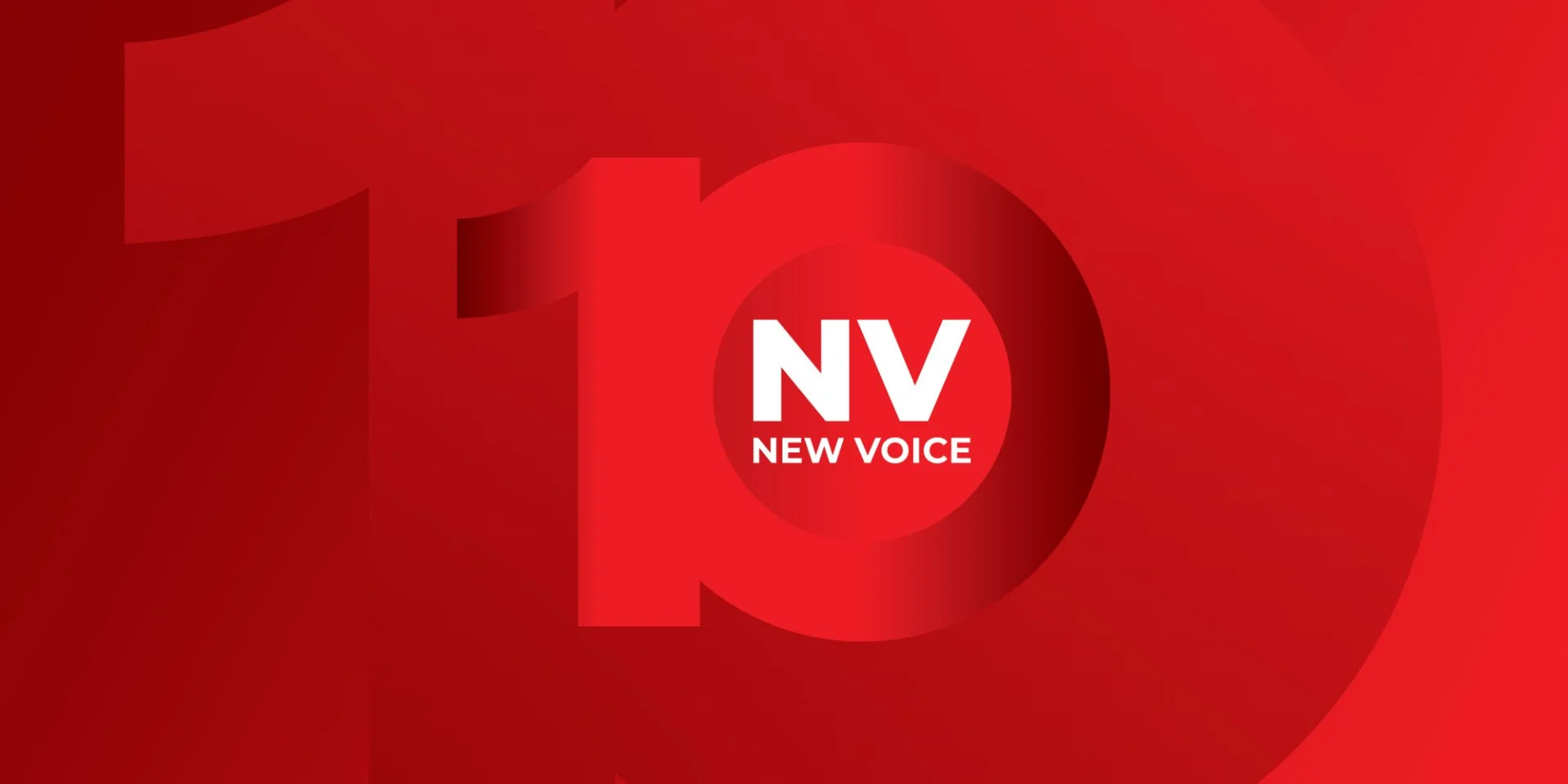 The NV New Voice mark inside a large red 10 on the brand red background